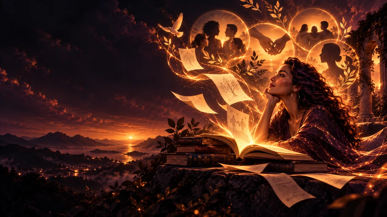 Mujer reflexionando entre libros, páginas iluminadas y símbolos de igualdad, respeto y aprendizaje