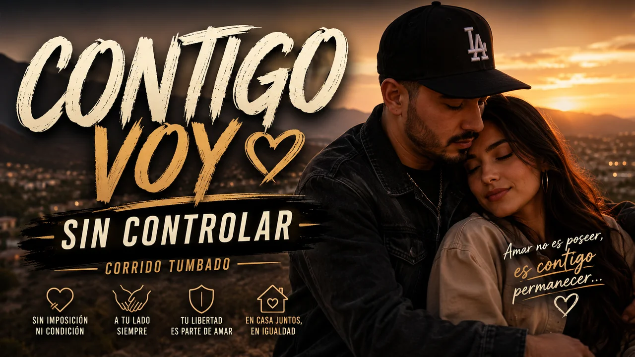 Miniatura de Contigo Voy: una pareja abrazada al atardecer, símbolo de amor con libertad y sin control