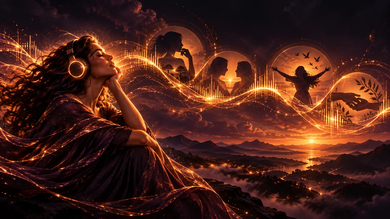 Mujer escuchando música entre ondas luminosas y escenas de diálogo, reflexión y libertad
