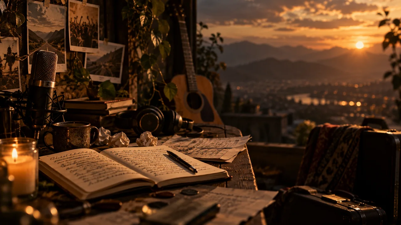 Mesa de creación musical con libreta, micrófono, guitarra y recuerdos al atardecer