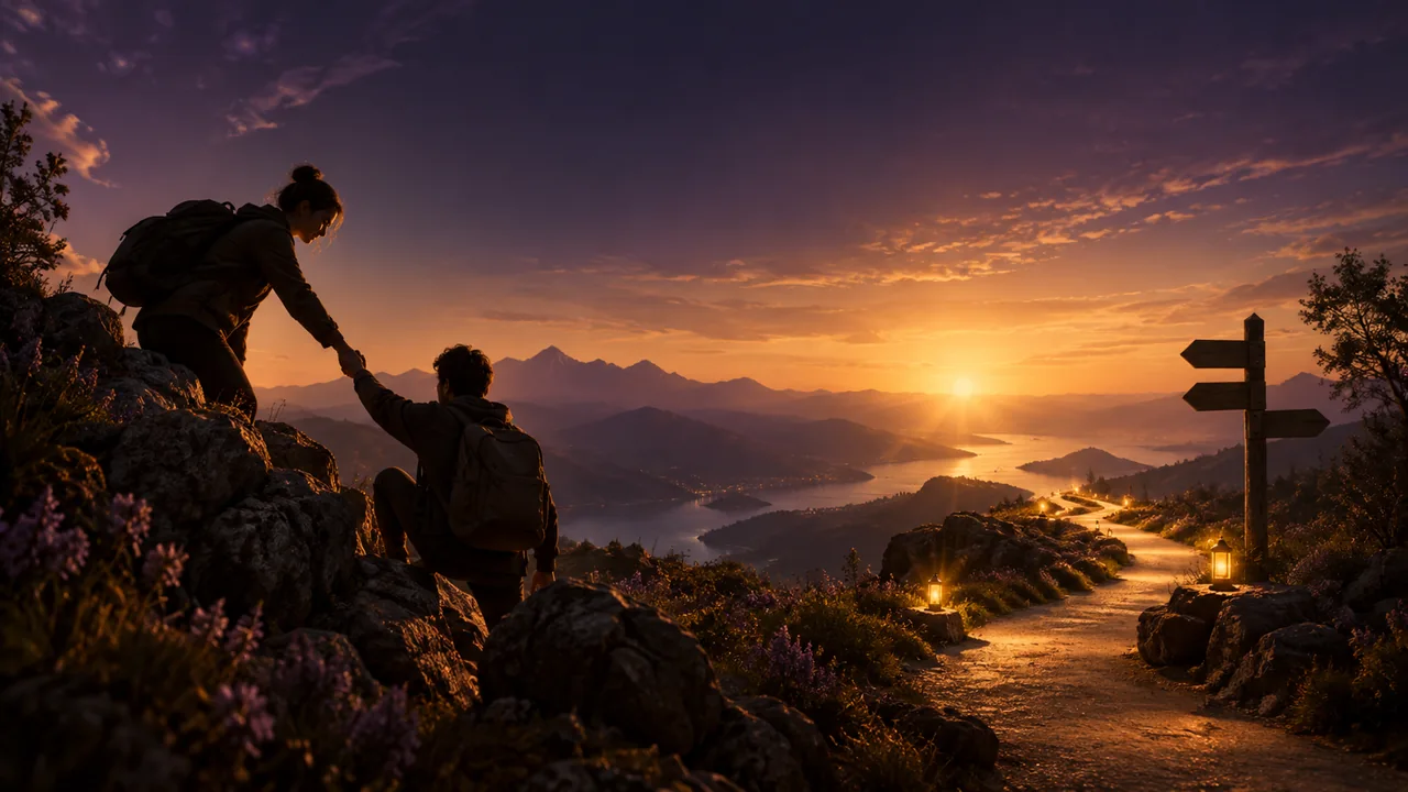 Dos personas ayudándose junto a un camino iluminado hacia el horizonte, símbolo de apoyo y orientación