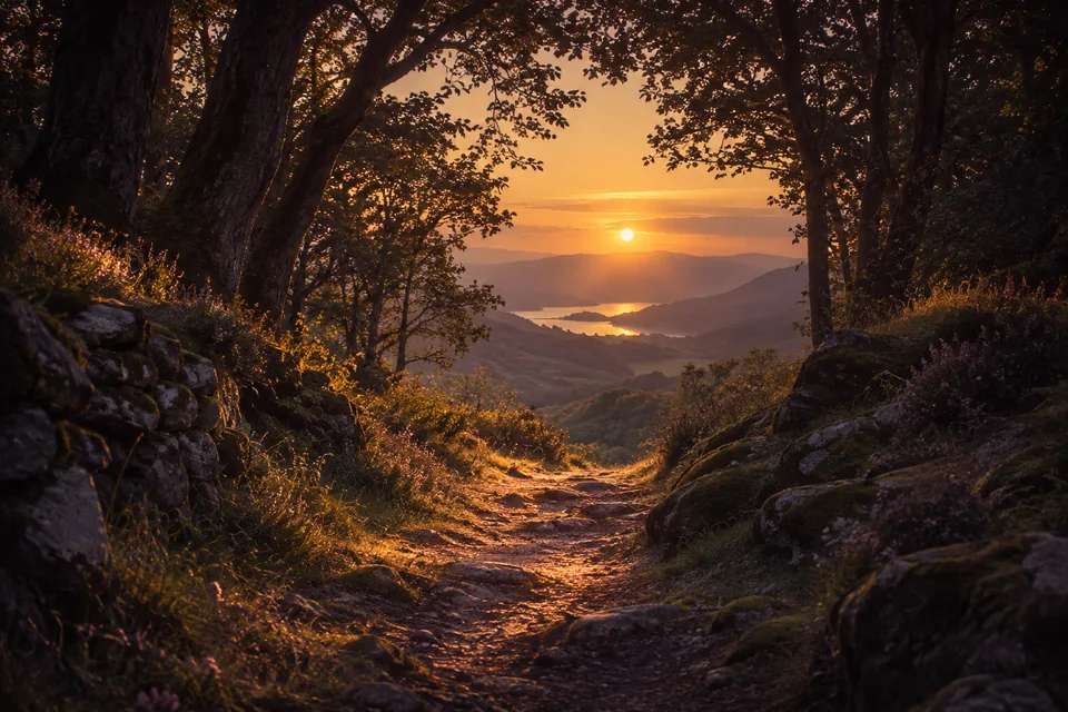 Sendero iluminado hacia un horizonte cálido, símbolo de orientación y acompañamiento